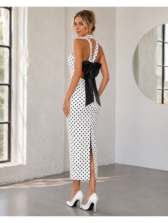 Sable & Red Dresses & Skirts - Sable & Red Polka Dot Backless Bow Midi Dress
